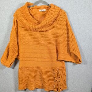 Caren Sport Sweater Womens 1X Orange Cowl Neck Cable Lace Up Short Sleeve